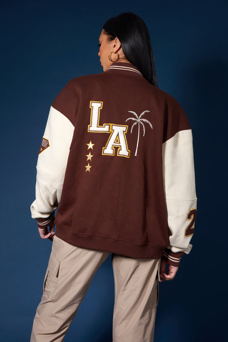 LA PALM TREE VARSITY JACKET CHOCOLATE