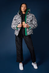REVERSIBLE QUILTED PUFFER GREEN AND ZEBRA