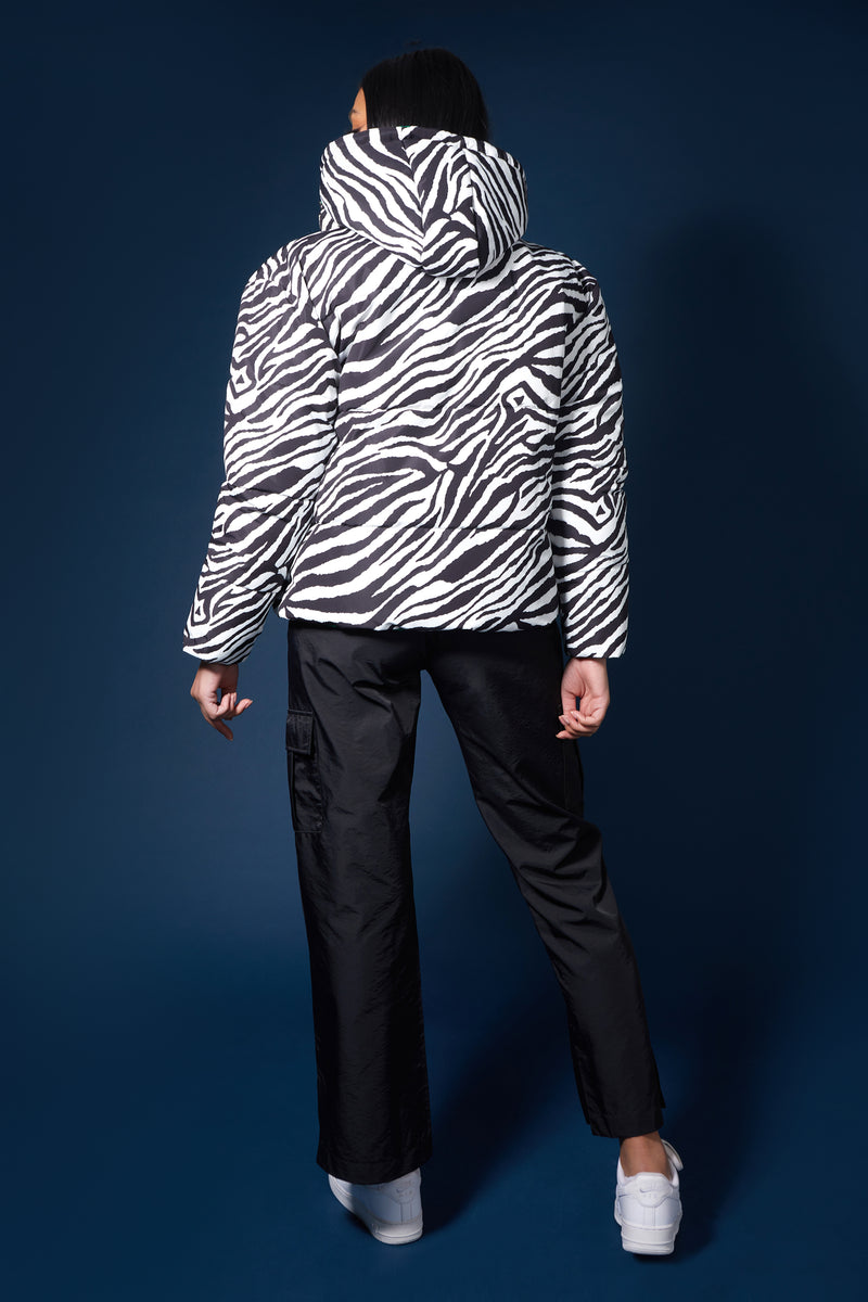 REVERSIBLE QUILTED PUFFER GREEN AND ZEBRA