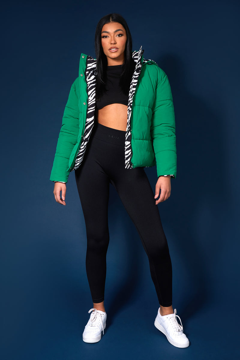 REVERSIBLE QUILTED PUFFER GREEN AND ZEBRA