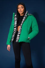 REVERSIBLE QUILTED PUFFER GREEN AND ZEBRA