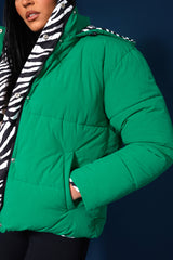 REVERSIBLE QUILTED PUFFER GREEN AND ZEBRA