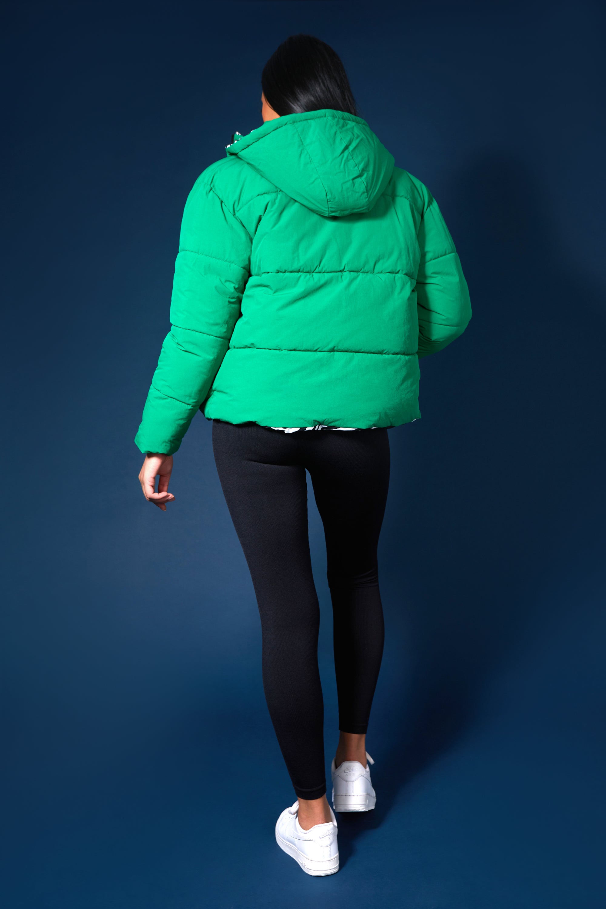 REVERSIBLE QUILTED PUFFER GREEN AND ZEBRA