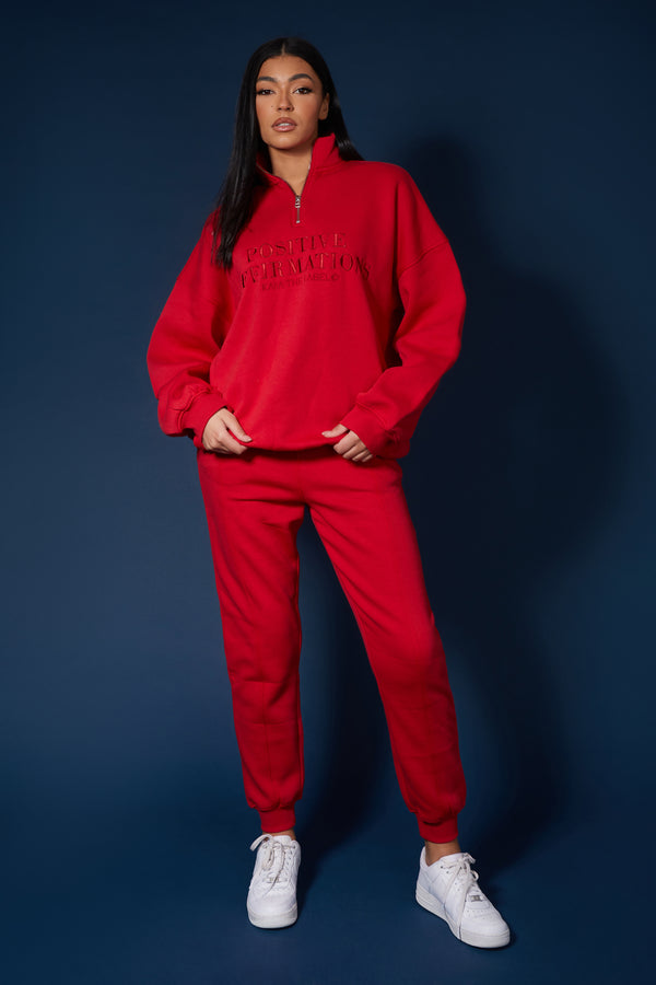 HALF ZIP PULLOVER TONAL EMBROIDERED SWEATSHIRT RED
