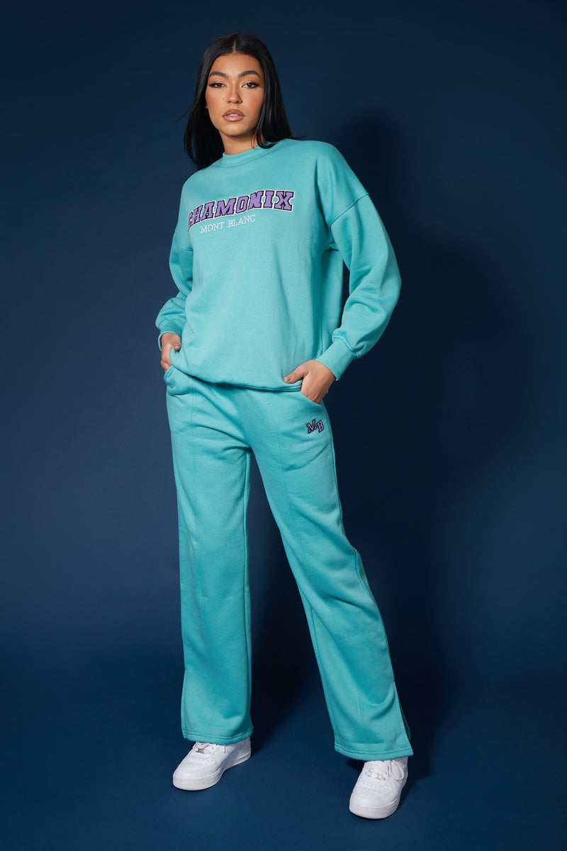 SEAM FRONT STRIAGHT LEG EMBROIDERED JOGGERS AQUA