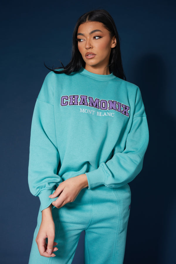 OVERSIZED EMBROIDERED SLOGAN SWEATSHIRT AQUA