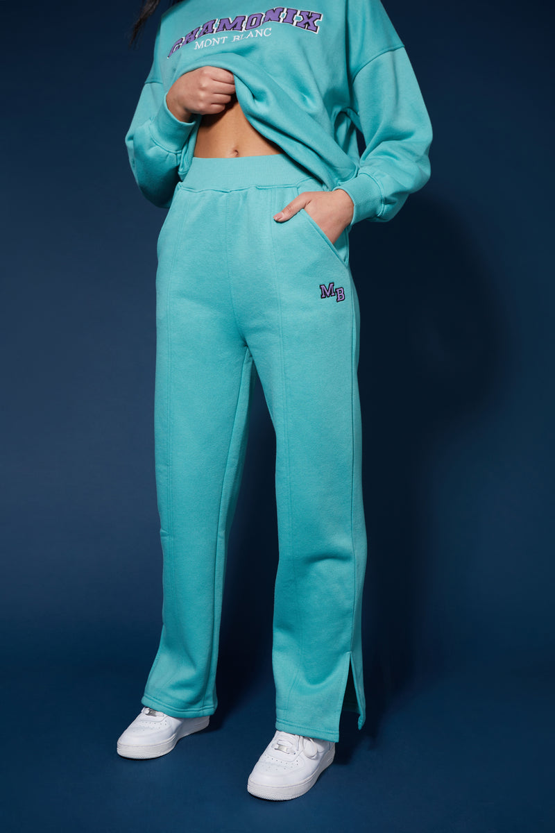 SEAM FRONT STRIAGHT LEG EMBROIDERED JOGGERS AQUA