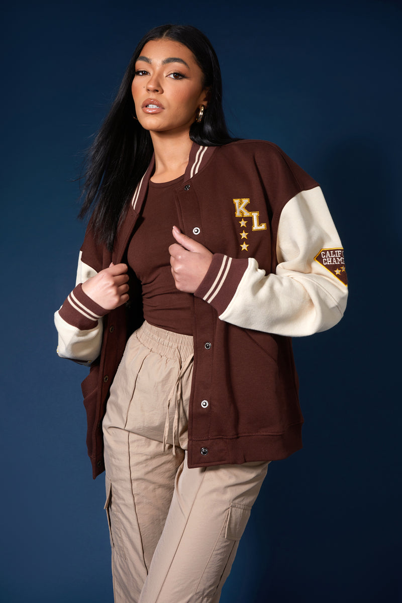 LA PALM TREE VARSITY JACKET CHOCOLATE