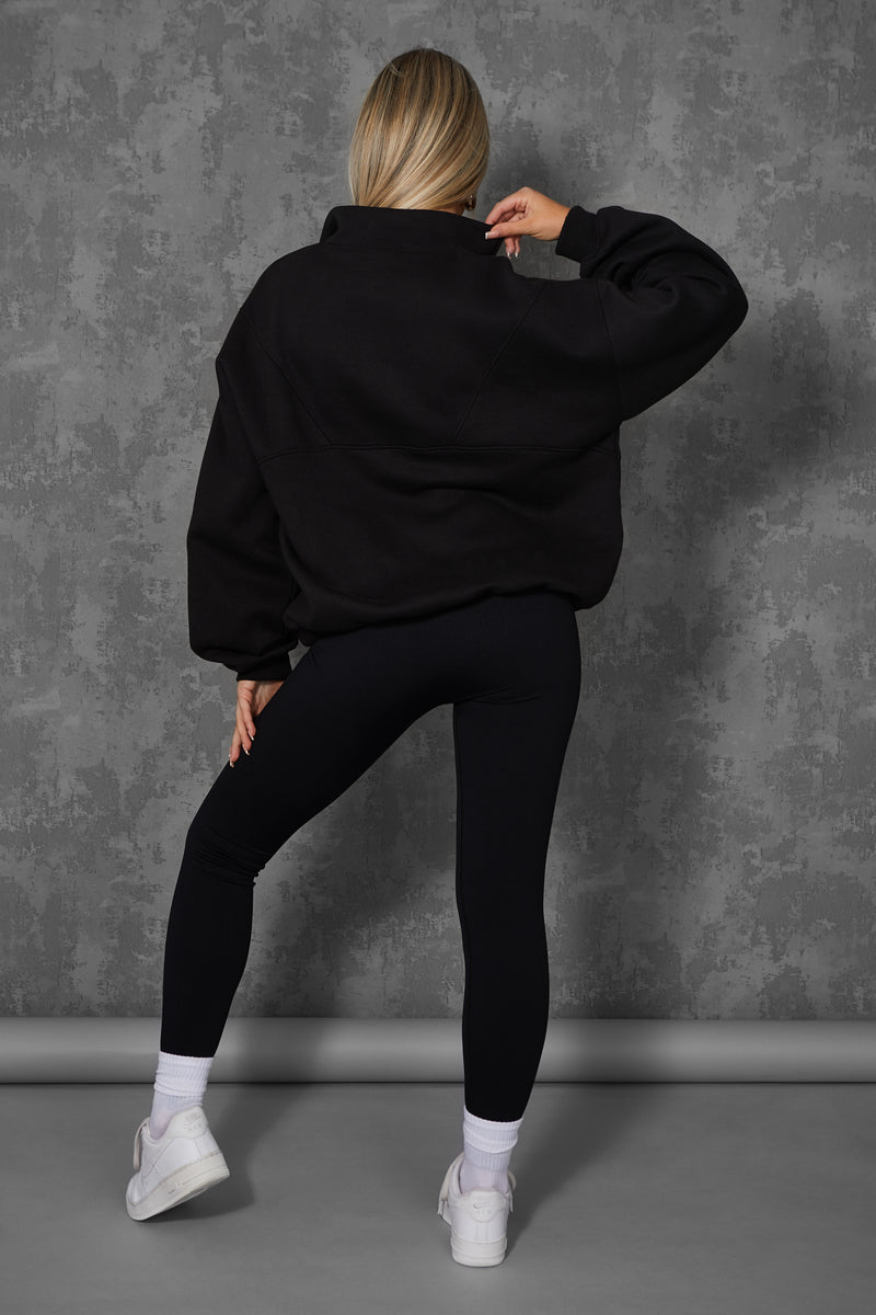 OVERSIZED HALF ZIP PULLOVER POCKET FRONT SWEATSHIRT BLACK