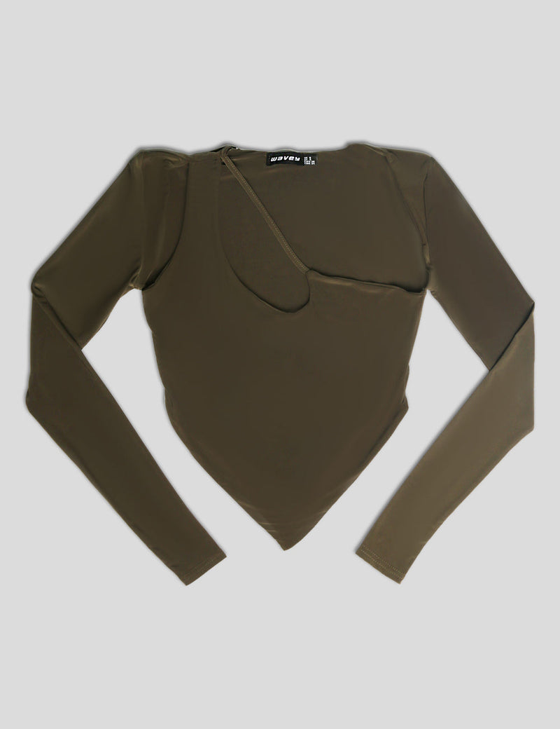 ASYMMETRIC CUT OUT DETAIL TOP KHAKI