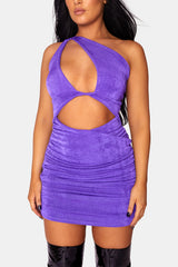 ASYMETRIC CUT AWAY SLINKY MINI DRESS PURPLE