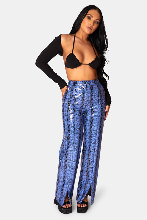 SNAKE PRINT PU WIDE LEG TROUSERS BLUE