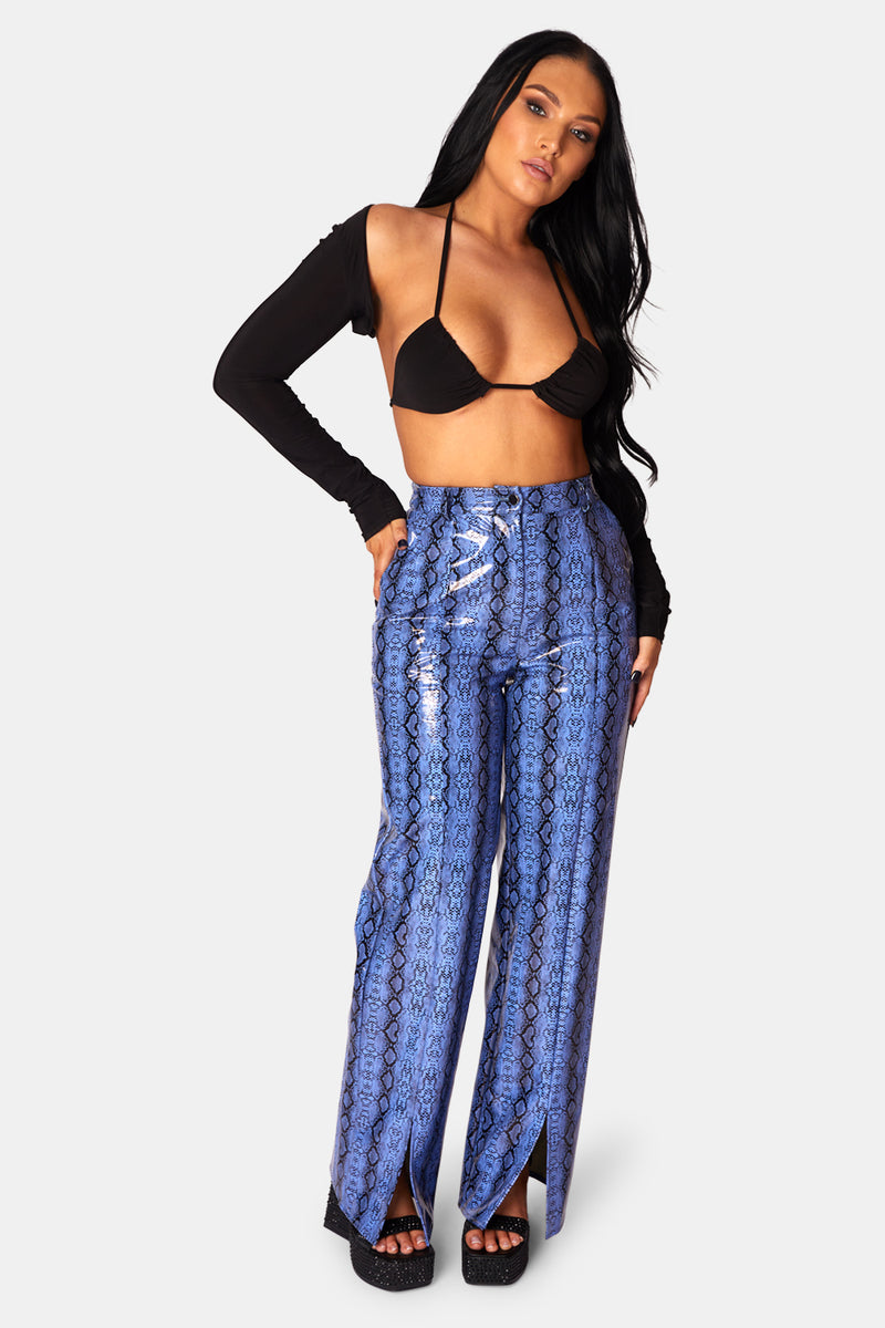 SNAKE PRINT PU WIDE LEG TROUSERS BLUE Public Desire Kaiia