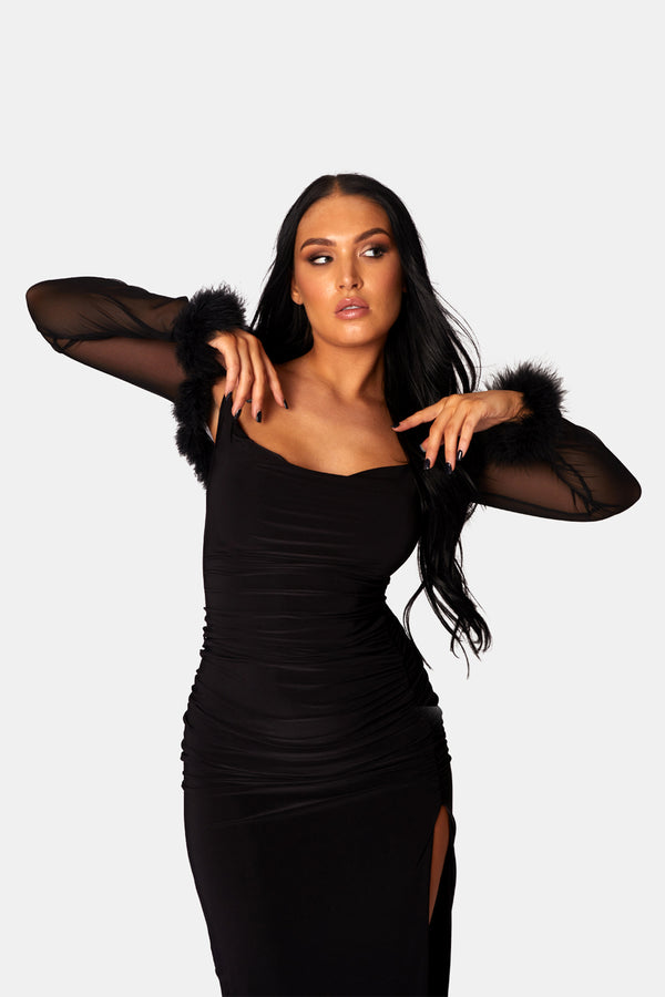 FEATHER TRIM MESH SHRUG BLACK
