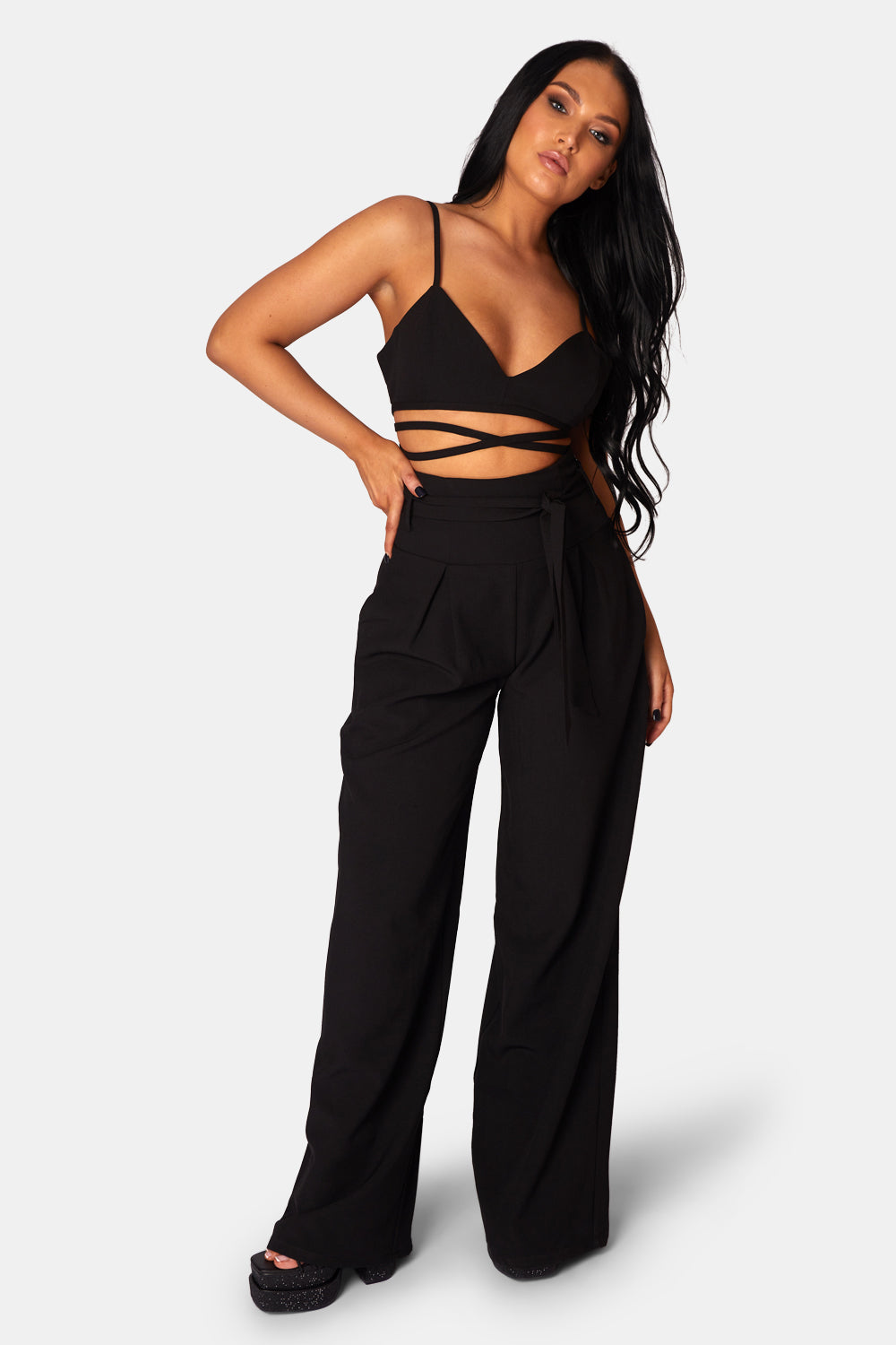 HIGH TIE WAIST WIDE LEG TROUSERS BLACK | Kaiia