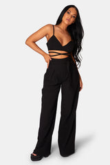 TIE WAIST WIDE LEG TROUSERS BLACK