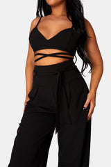 TIE WAIST WIDE LEG TROUSERS BLACK