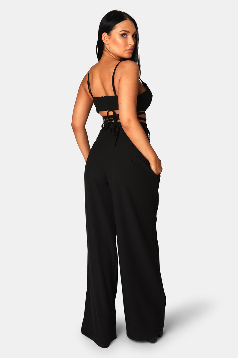 TIE WAIST WIDE LEG TROUSERS BLACK