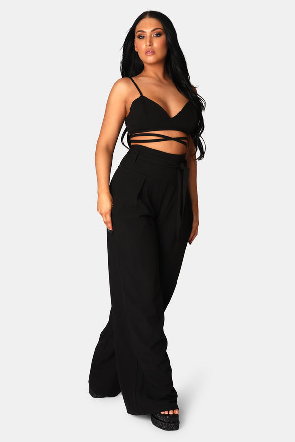 TIE WAIST WIDE LEG TROUSERS BLACK