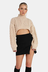 ROLL NECK CROPPED CABLE KNITTED JUMPER STONE