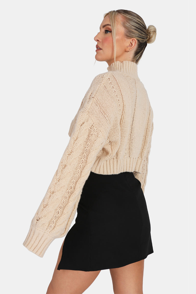 ROLL NECK CROPPED CABLE KNITTED JUMPER STONE