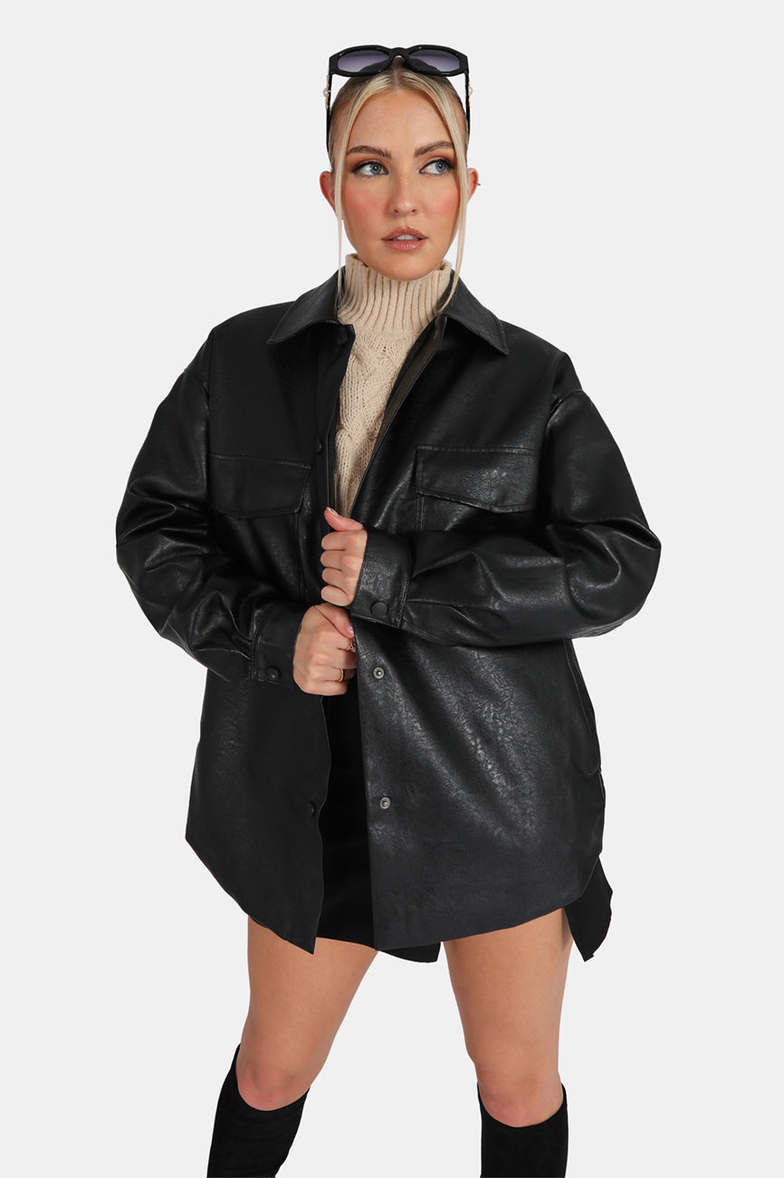 Vegan Leather Pocket Oversized Shacket Black