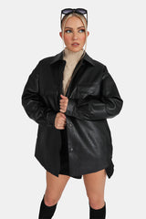 Vegan Leather Pocket Oversized Shacket Black