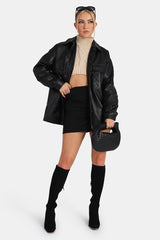 Vegan Leather Pocket Oversized Shacket Black