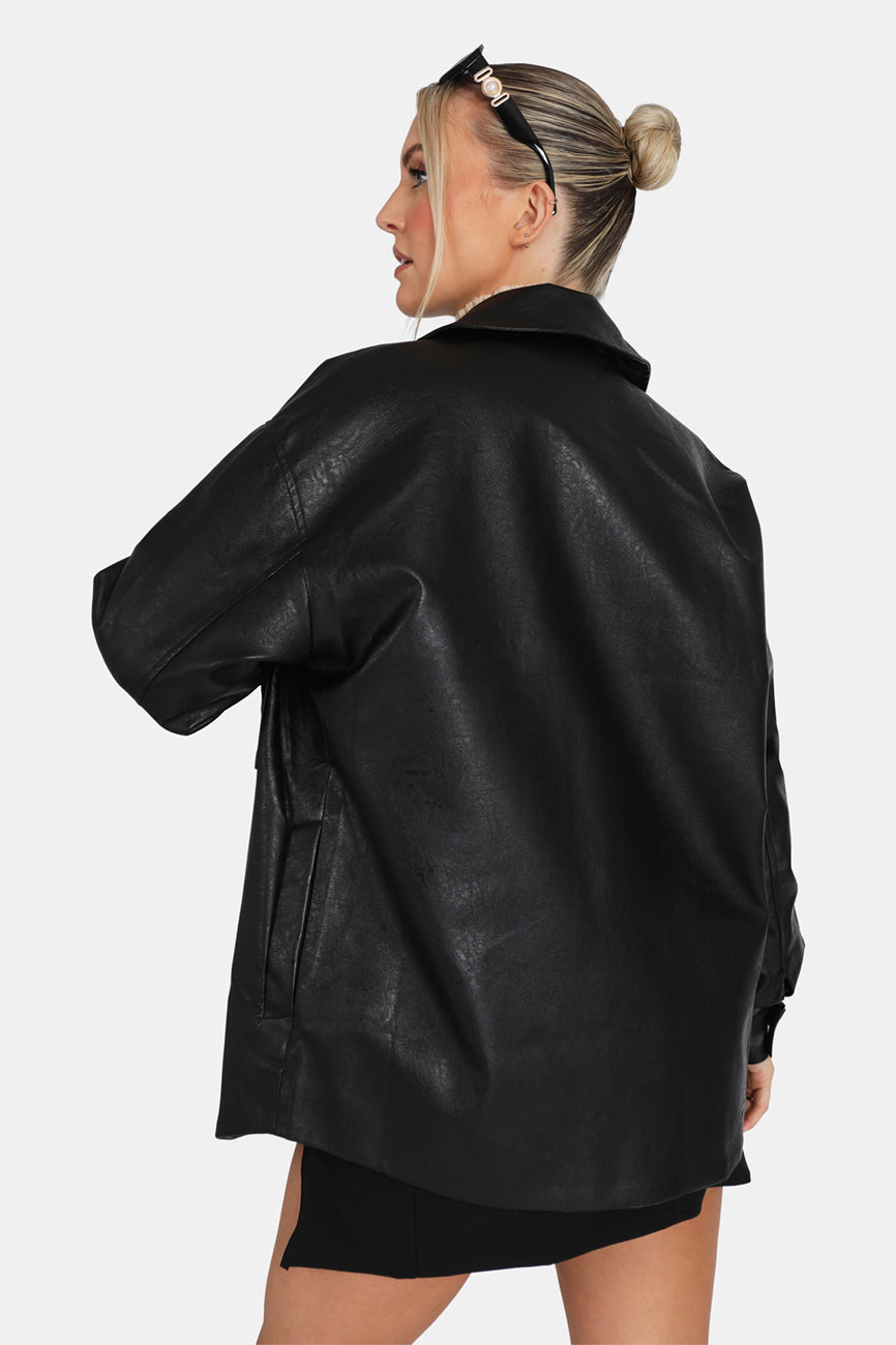 Vegan Leather Pocket Oversized Shacket Black