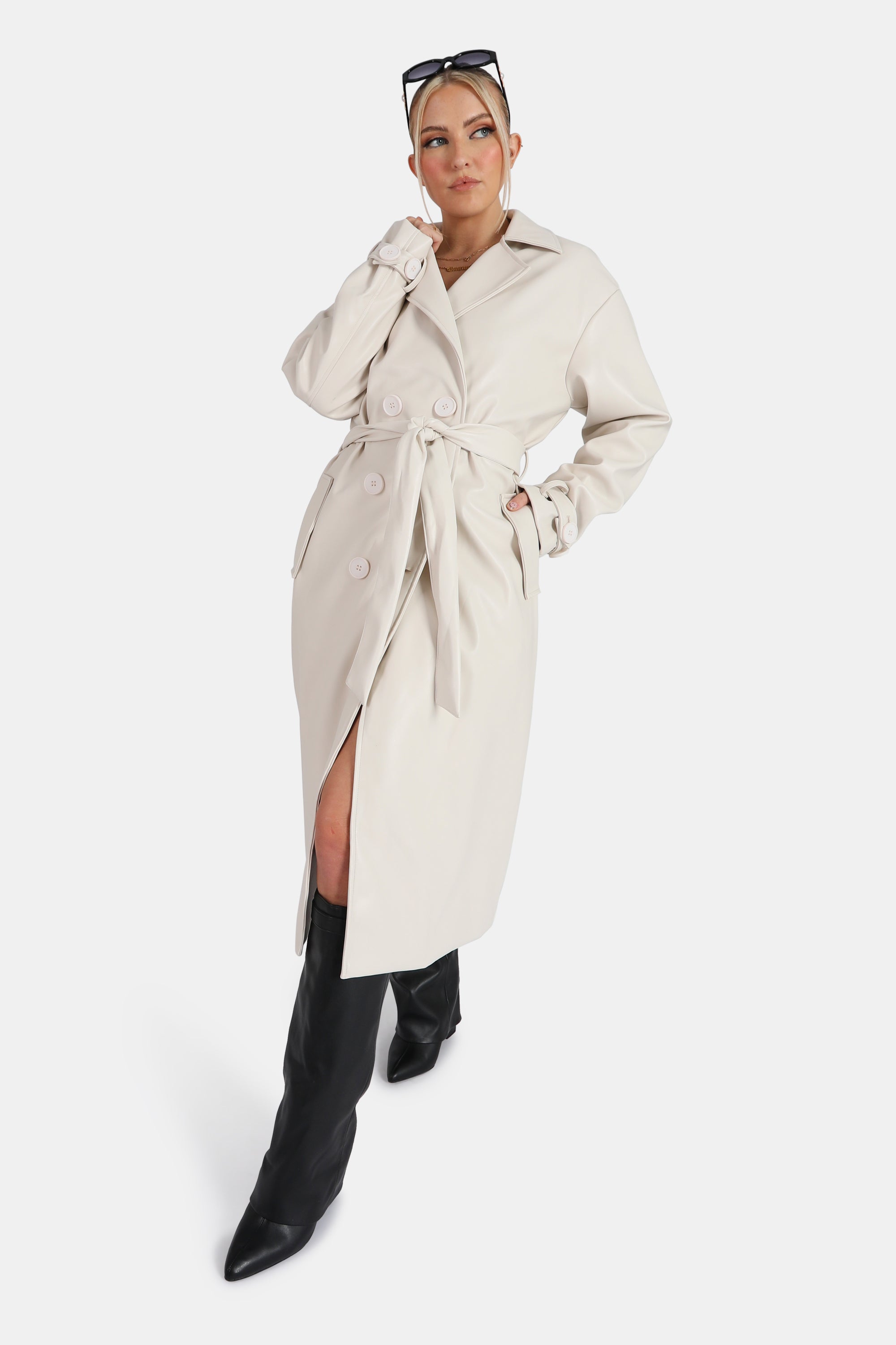 LONGLINE PU BELTED ECRU TRENCH