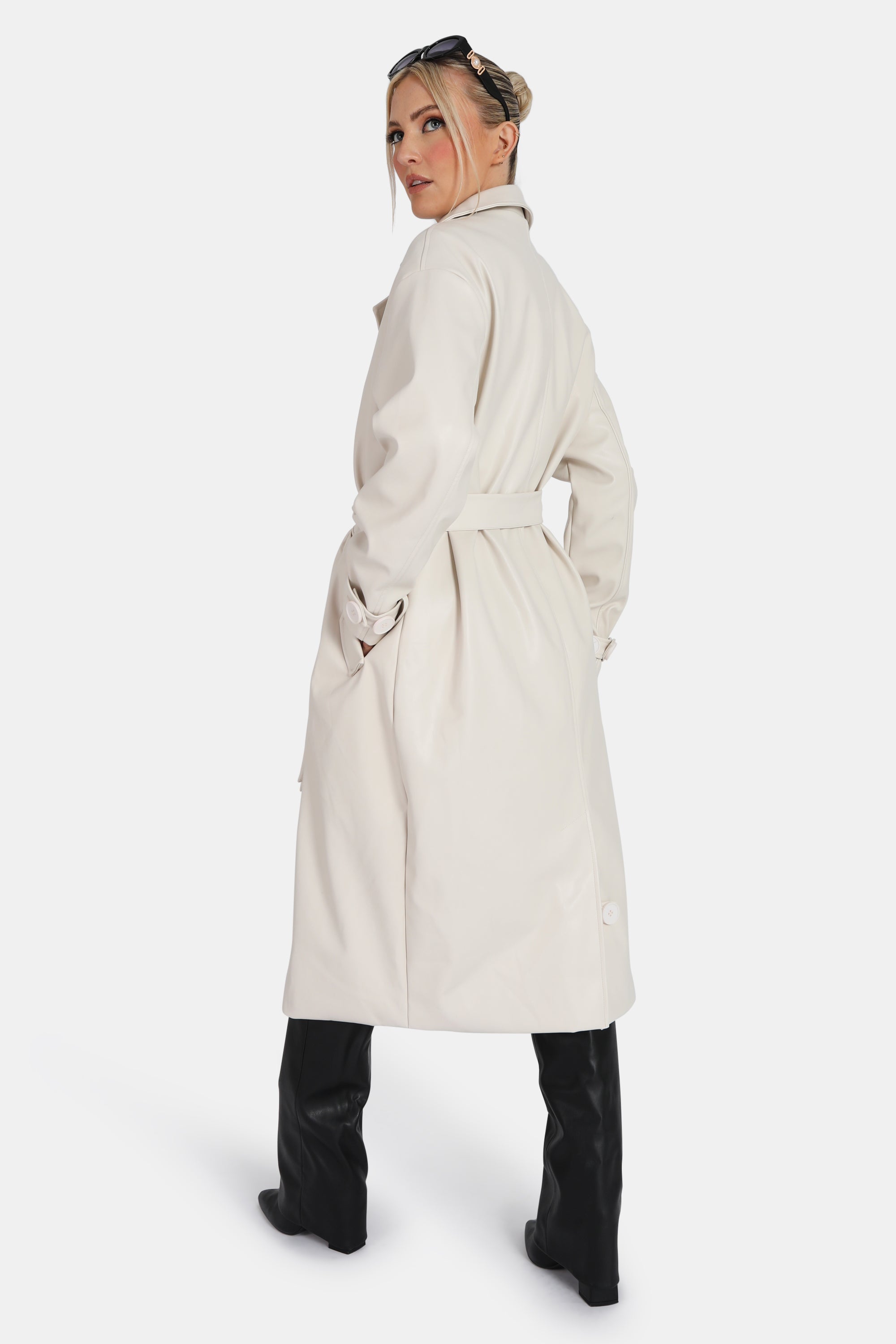 LONGLINE PU BELTED ECRU TRENCH