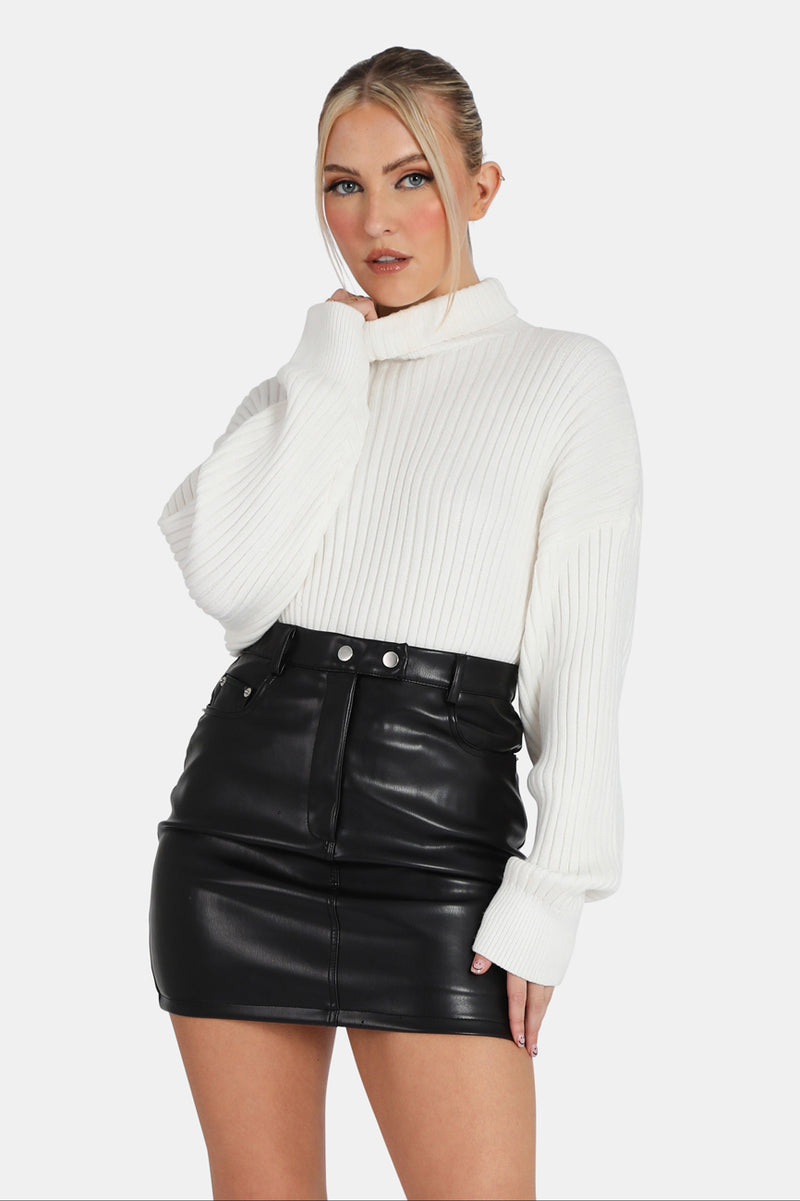 HIGH NECK CONSTRAST STITCH RIBBED KNITTED OVERSIZED JUMPER IVORY