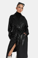 LONGLINE PU BELTED BLACK TRENCH