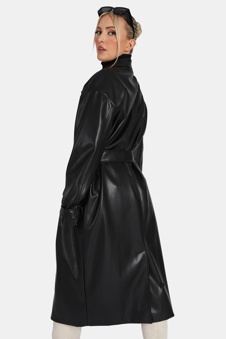 LONGLINE PU BELTED BLACK TRENCH