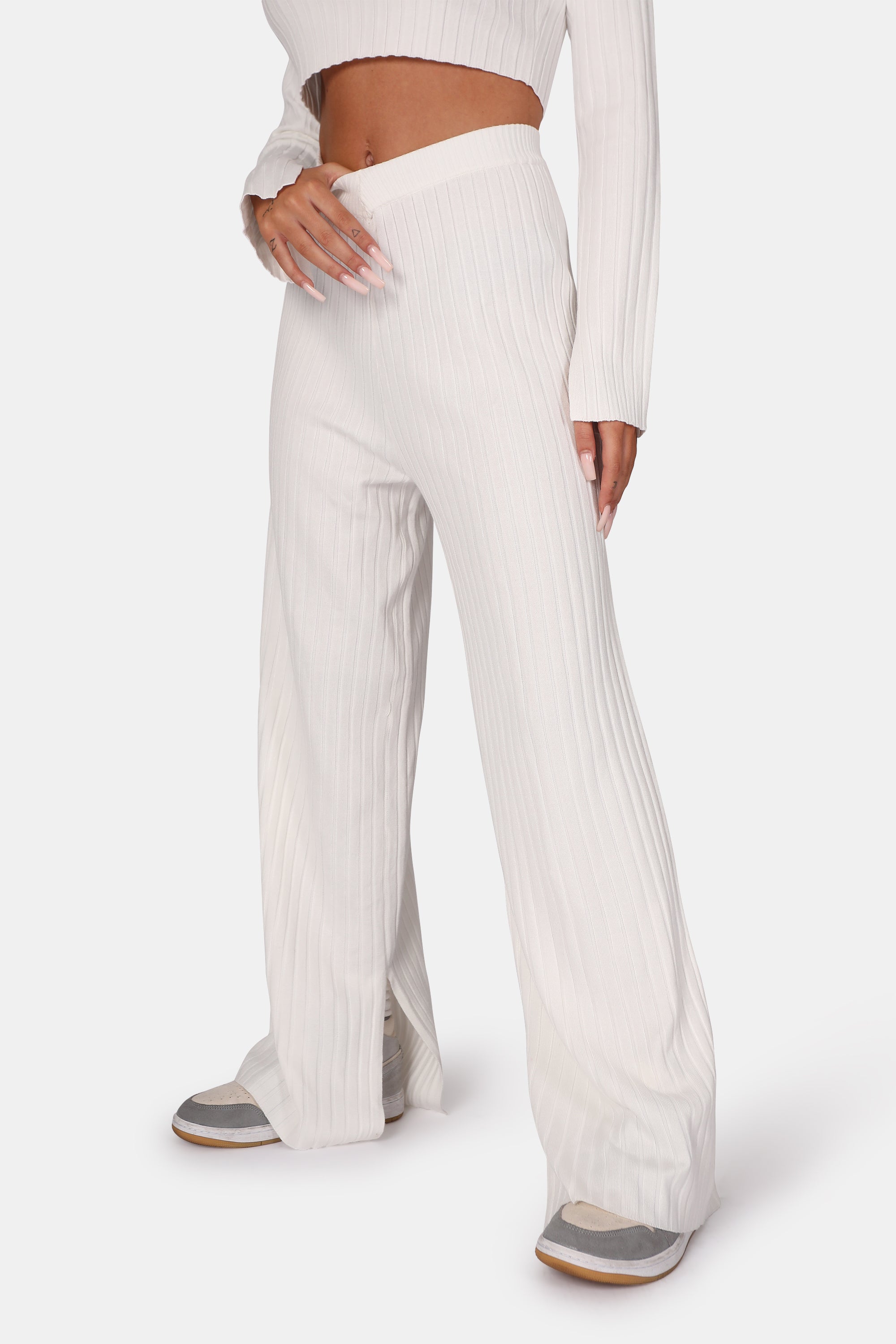 V FRONT WIDE LEG RIBBED KNITTED TROUSERS WHITE