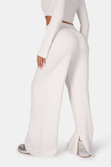 V FRONT WIDE LEG RIBBED KNITTED TROUSERS WHITE