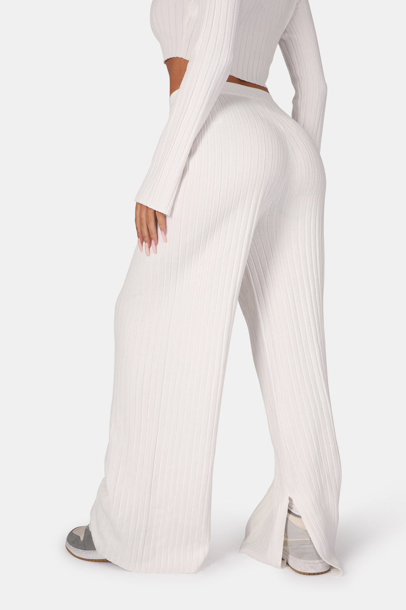 V FRONT WIDE LEG RIBBED KNITTED TROUSERS WHITE