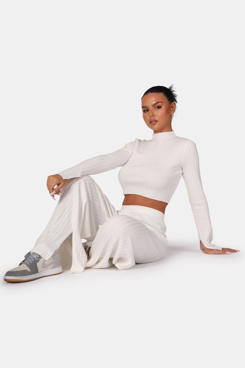 V FRONT WIDE LEG RIBBED KNITTED TROUSERS WHITE