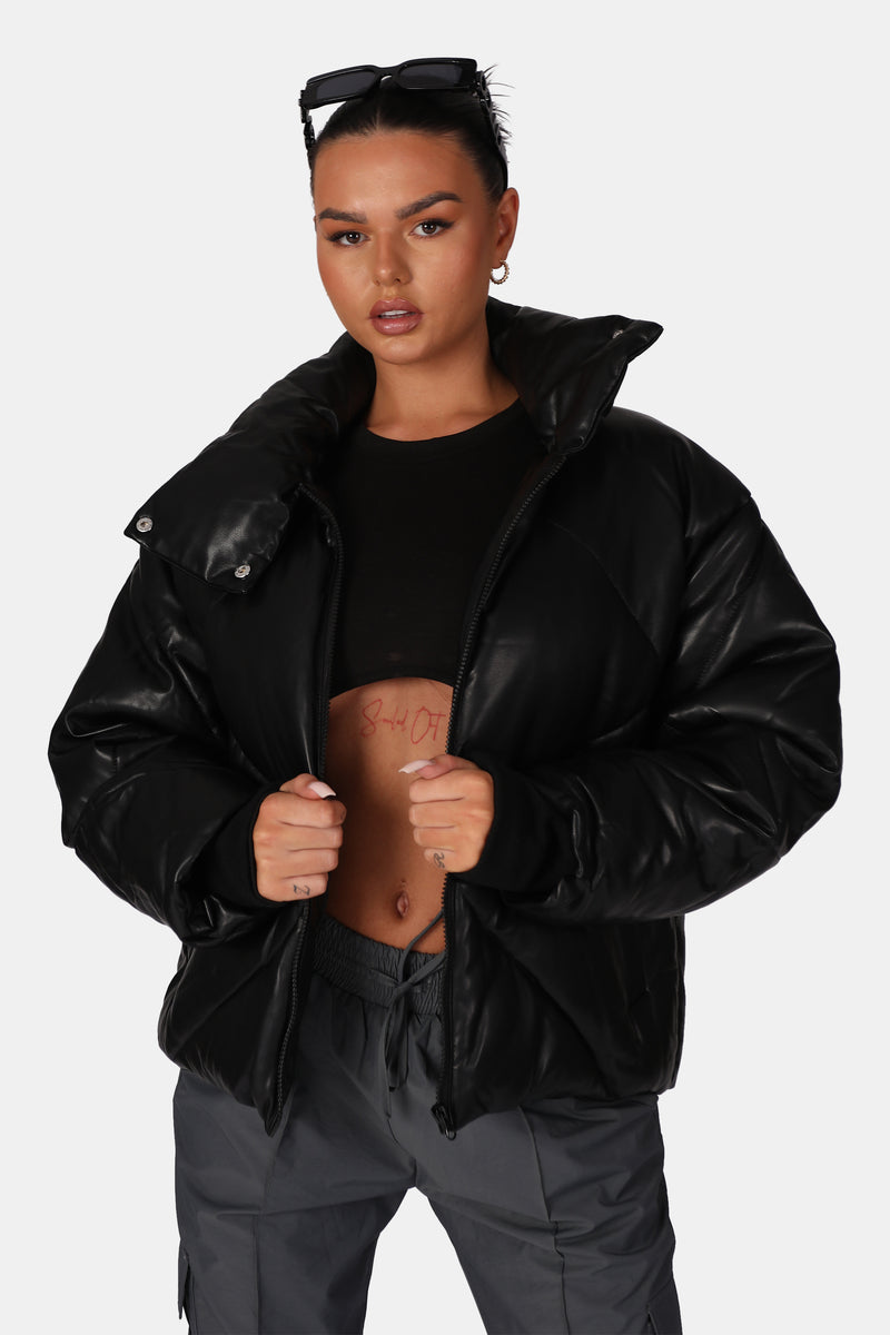 Pu Quilted Puffer Jacket Black
