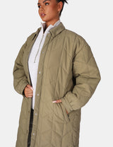 CHEVRON QUILTED LONGLINE JACKET KHAKI