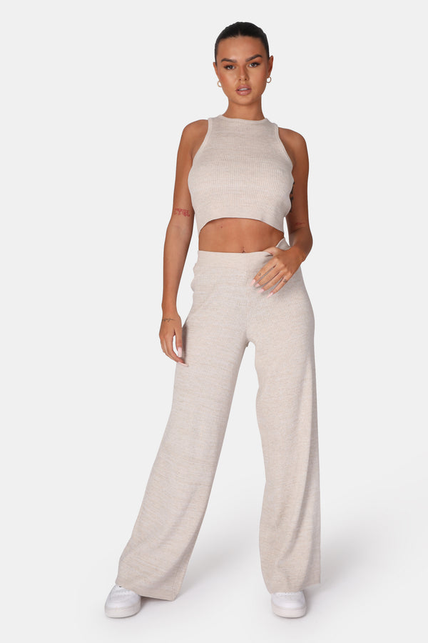 V FRONT LOW WAISTED WIDE LEG KNITTED TROUSERS OATMEAL