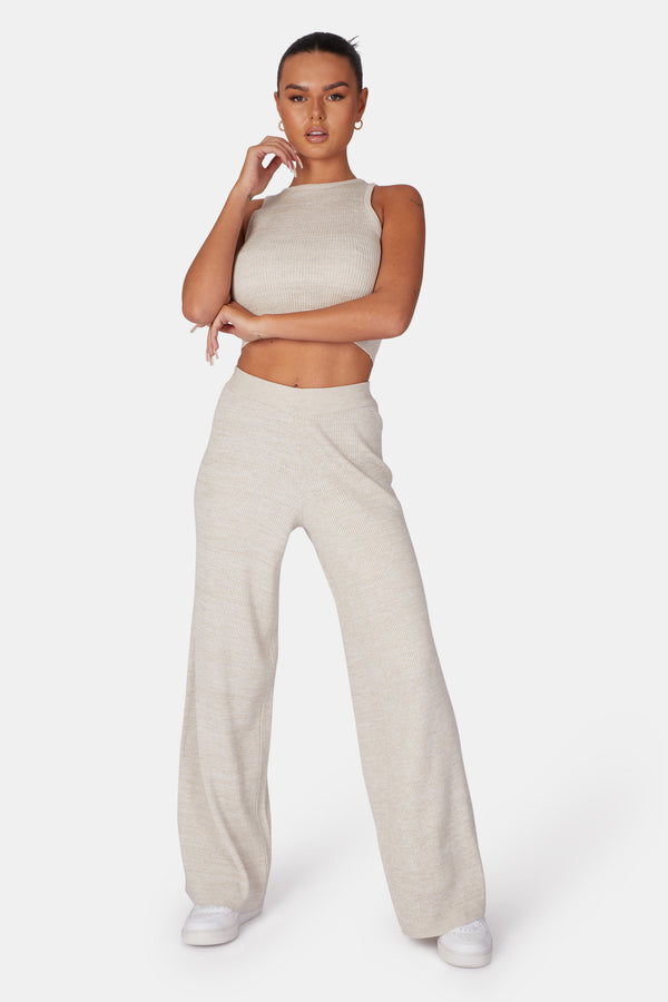 V FRONT LOW WAISTED WIDE LEG KNITTED TROUSERS OATMEAL