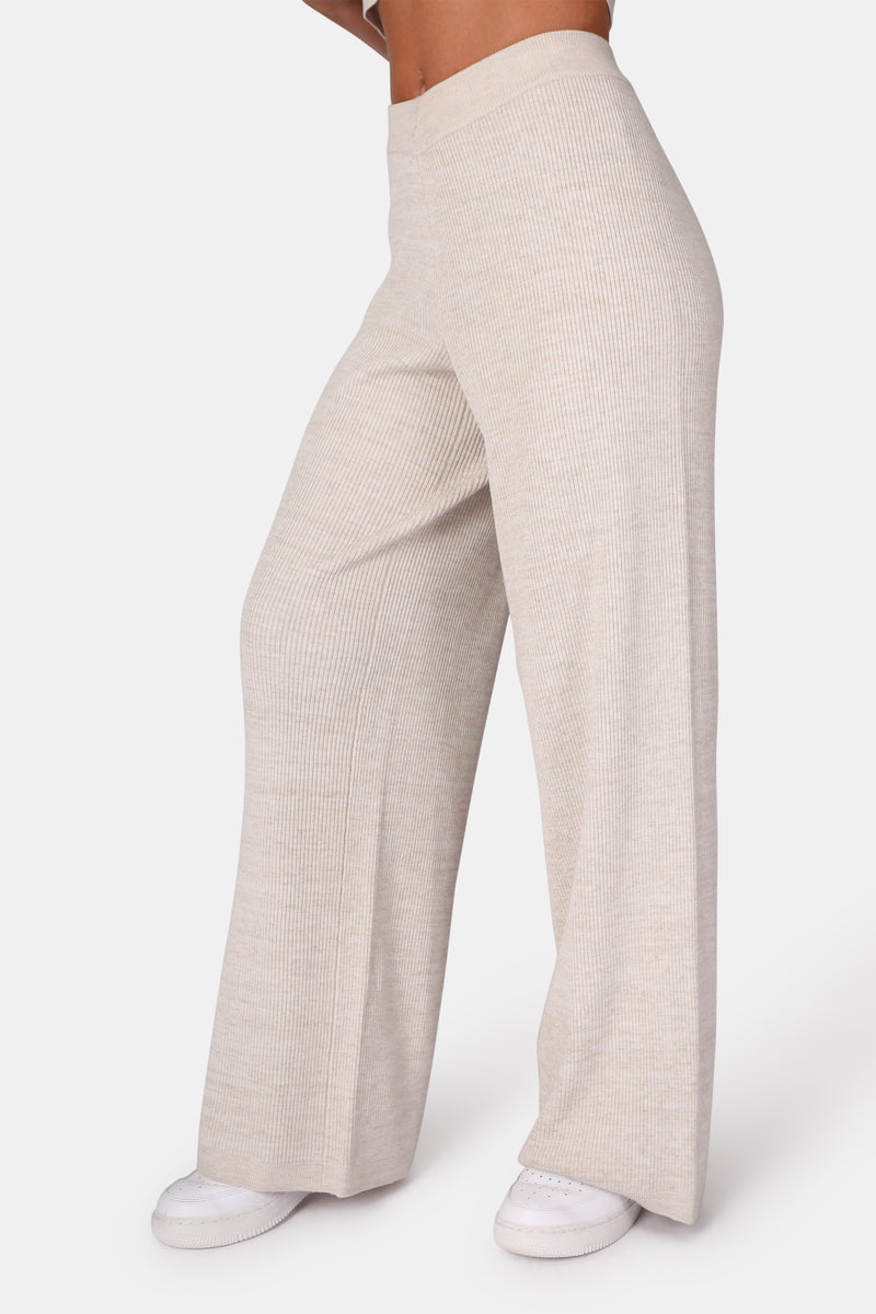 V FRONT LOW WAISTED WIDE LEG KNITTED TROUSERS OATMEAL