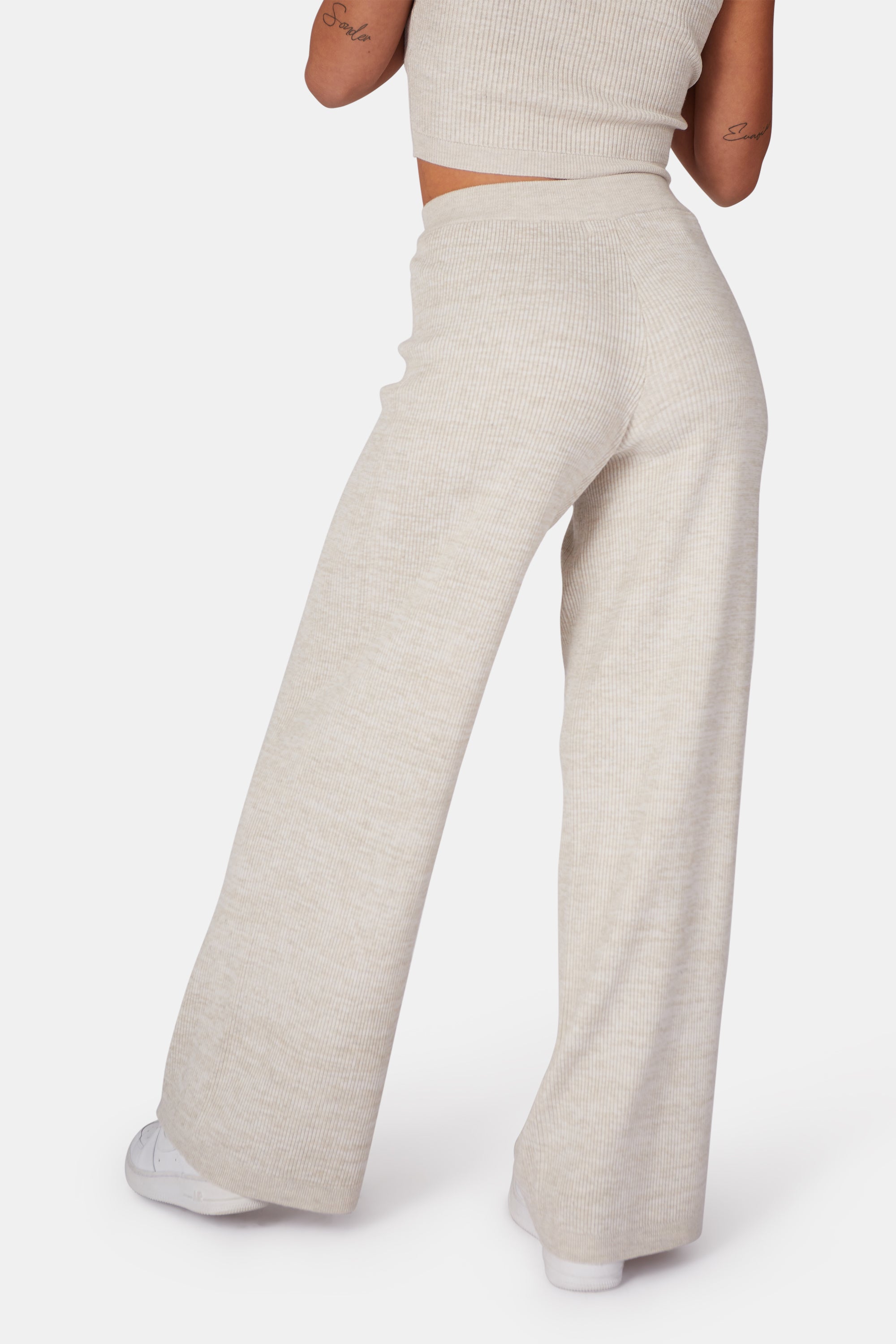 V FRONT LOW WAISTED WIDE LEG KNITTED TROUSERS OATMEAL