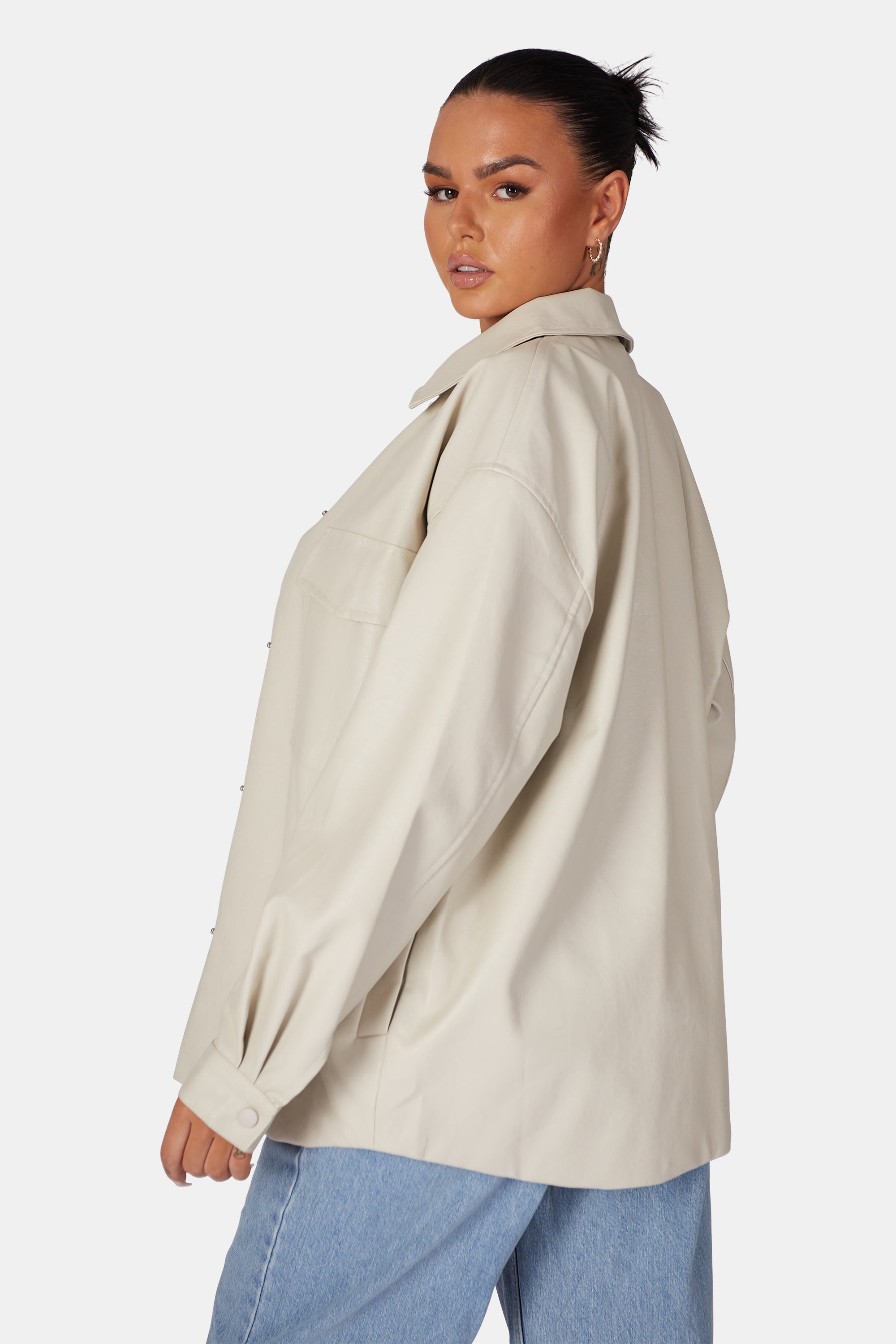 VEGAN LEATHER POCKET OVERSIZED SHACKET STONE