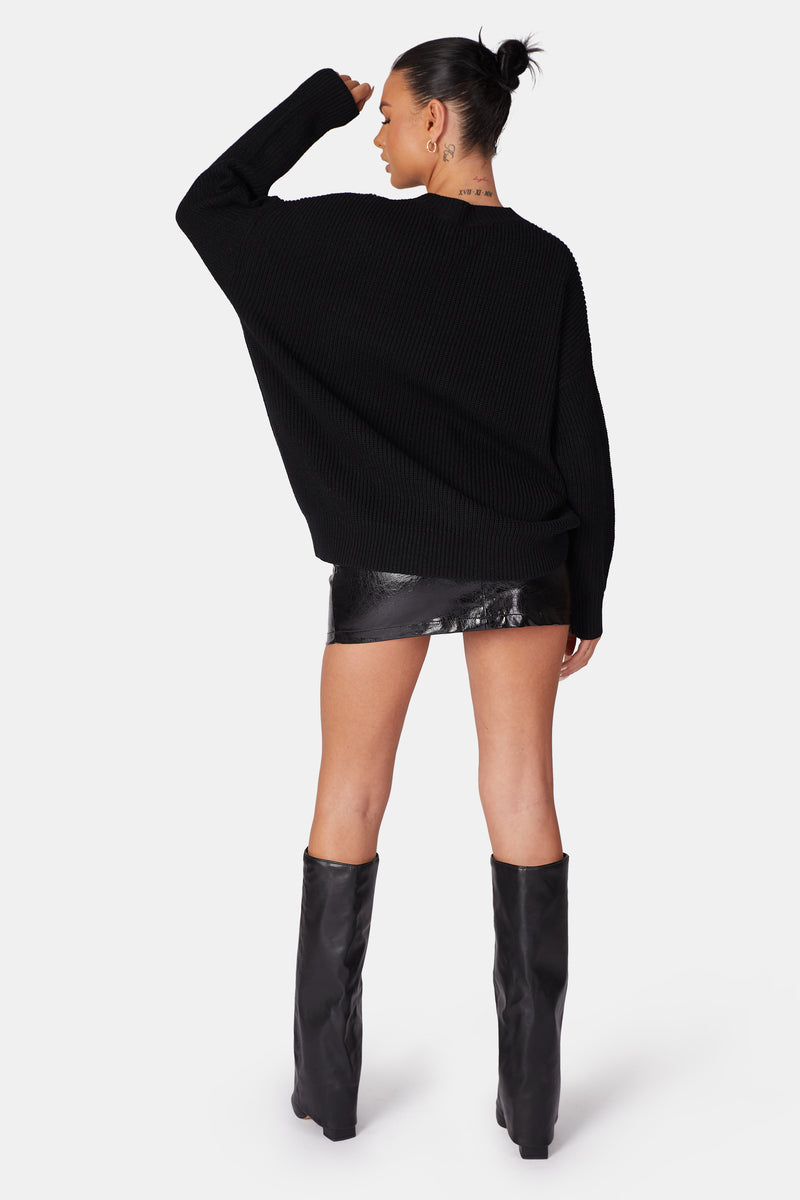 OVERSIZED KNITTED CREW NECK JUMPER BLACK