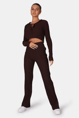 RIBBED KNITTED WIDE LEG TROUSERS CHOCOLATE