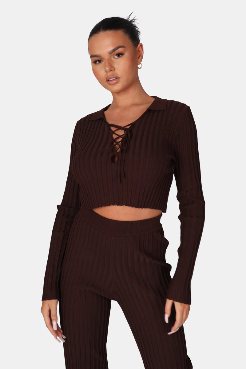 RIBBED KNITTED WIDE LEG TROUSERS CHOCOLATE