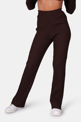 RIBBED KNITTED WIDE LEG TROUSERS CHOCOLATE