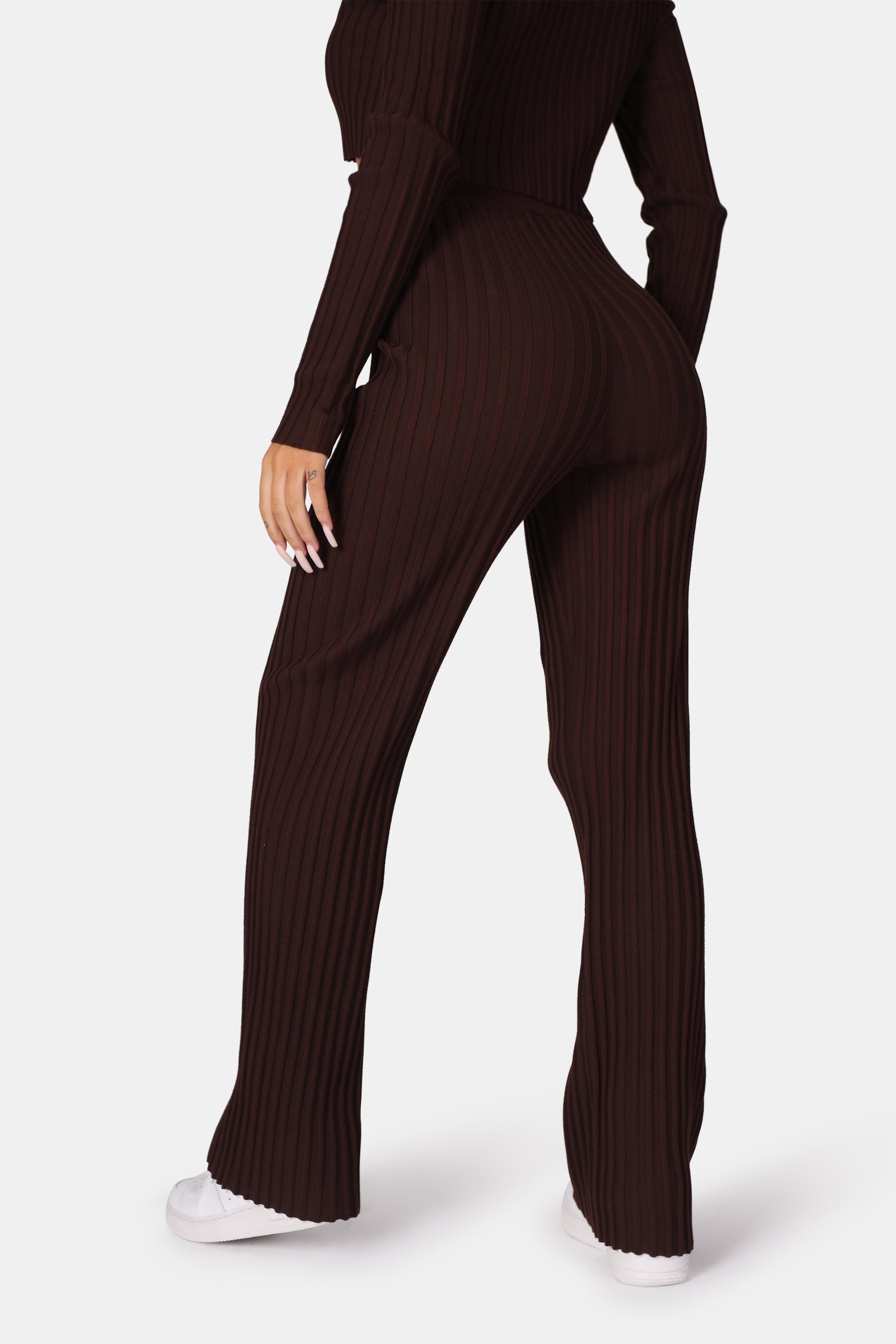 RIBBED KNITTED WIDE LEG TROUSERS CHOCOLATE